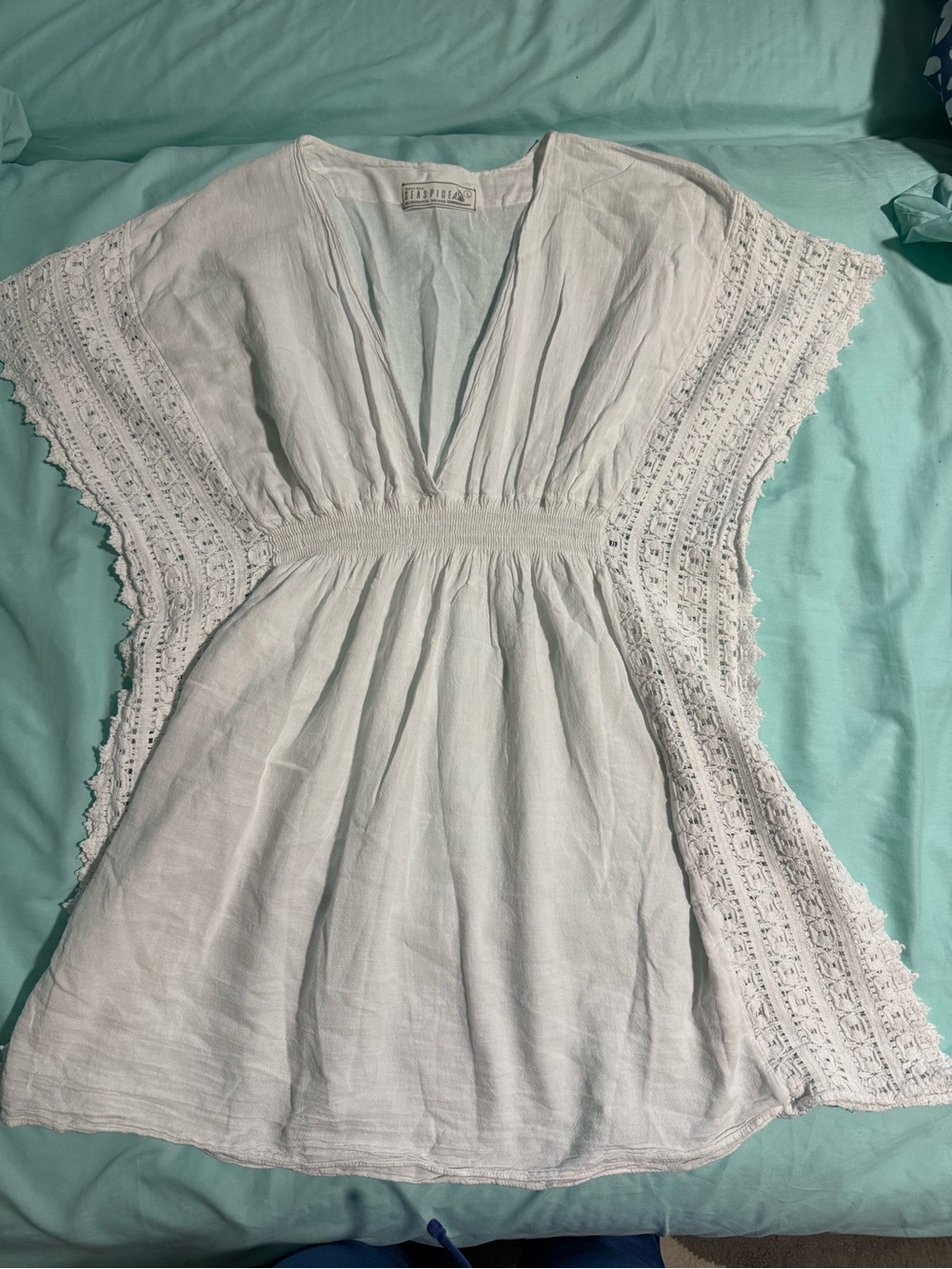 Lightweight White Crochet Sleeve Gauze Tunic bathing suit dress cover sz L